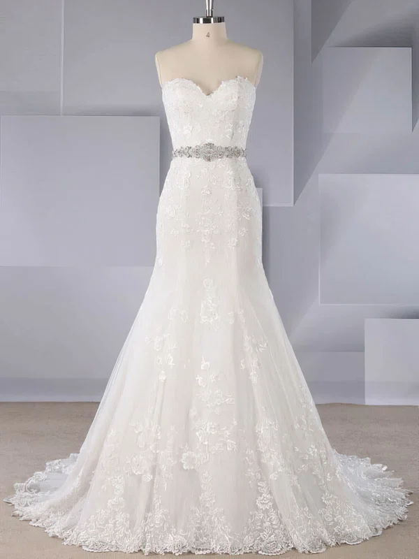 Trumpet/Mermaid Sweetheart Tulle Sweep Train Wedding Dresses With Appliques Lace #UKM00024580