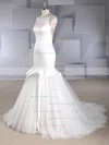 Trumpet/Mermaid Scoop Neck Satin Tulle Sweep Train Beading Wedding Dresses #UKM00024581