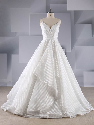 Ball Gown V-neck Organza Court Train Wedding Dresses With Cascading Ruffles #UKM00024583
