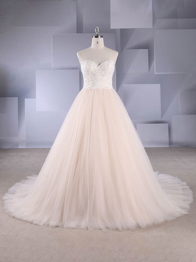 Ball Gown Strapless Tulle Court Train Appliques Lace Wedding Dresses #UKM00024587