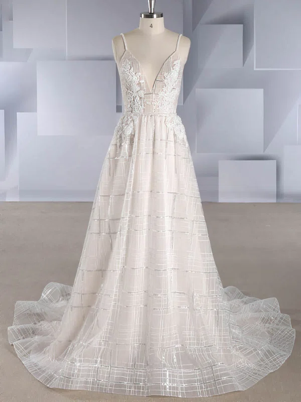 Ball Gown V-neck Organza Sweep Train Wedding Dresses With Appliques Lace #UKM00024588