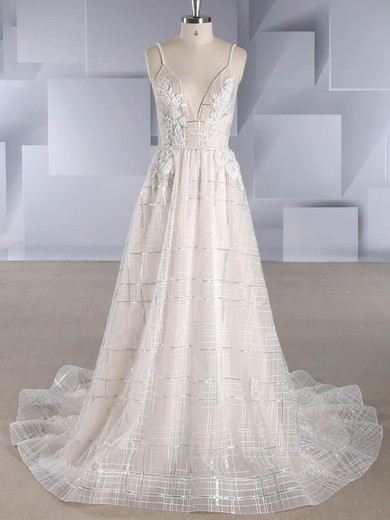 A-line V-neck Organza Sweep Train Sequins Wedding Dresses #UKM00024588