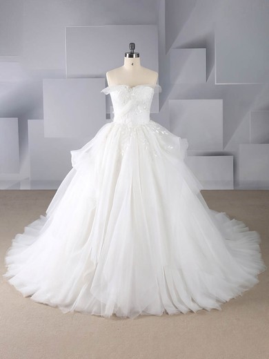 Ball Gown Strapless Tulle Court Train Beading Wedding Dresses #UKM00024589