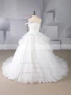 Ball Gown Strapless Tulle Court Train Beading Wedding Dresses #UKM00024589