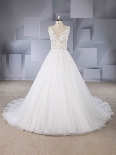Ball Gown V-neck Tulle Court Train Wedding Dresses With Beading #UKM00024590