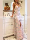 Trumpet/Mermaid V-neck Lace Tulle Sweep Train Split Front Prom Dresses #UKM020107814