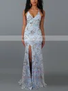 Trumpet/Mermaid V-neck Lace Tulle Sweep Train Split Front Prom Dresses #UKM020107814