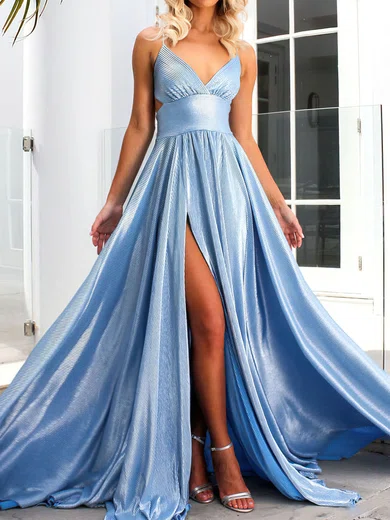 A-line V-neck Shimmer Crepe Sweep Train Split Front Prom Dresses #SALEUKM020107815