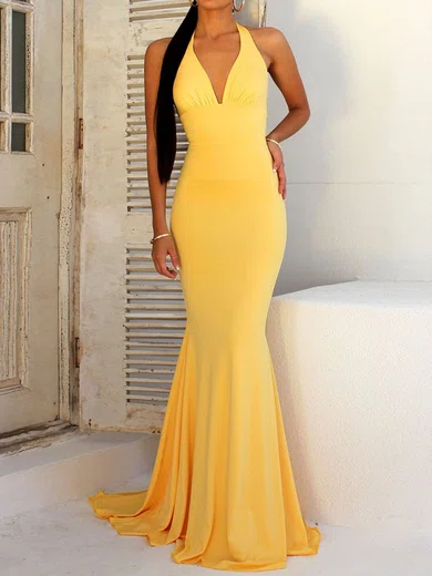 Mermaid Halter Jersey Backless Prom Dresses With Ruched #UKM020107821