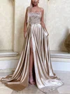 A-line Sweep Train Square Neckline Silk-like Satin Appliques Lace Prom Dresses #UKM020107823