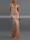 Trumpet/Mermaid V-neck Lace Tulle Sweep Train Sequins Prom Dresses #UKM020107826