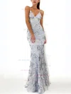 Trumpet/Mermaid V-neck Lace Tulle Sweep Train Sequins Prom Dresses #UKM020107826