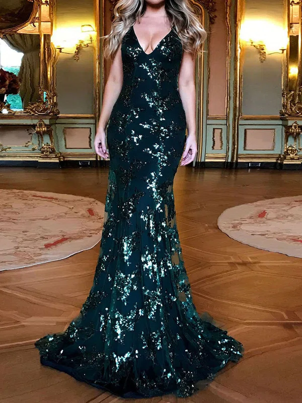Mermaid V-neck Backless Sparkly Sequin Prom Dresses #UKM020107833
