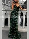 Trumpet/Mermaid V-neck Lace Tulle Sweep Train Sequins Prom Dresses #UKM020107833