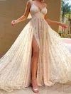 A-line V-neck Lace Tulle Sweep Train Split Front Prom Dresses Sale #sale020107847