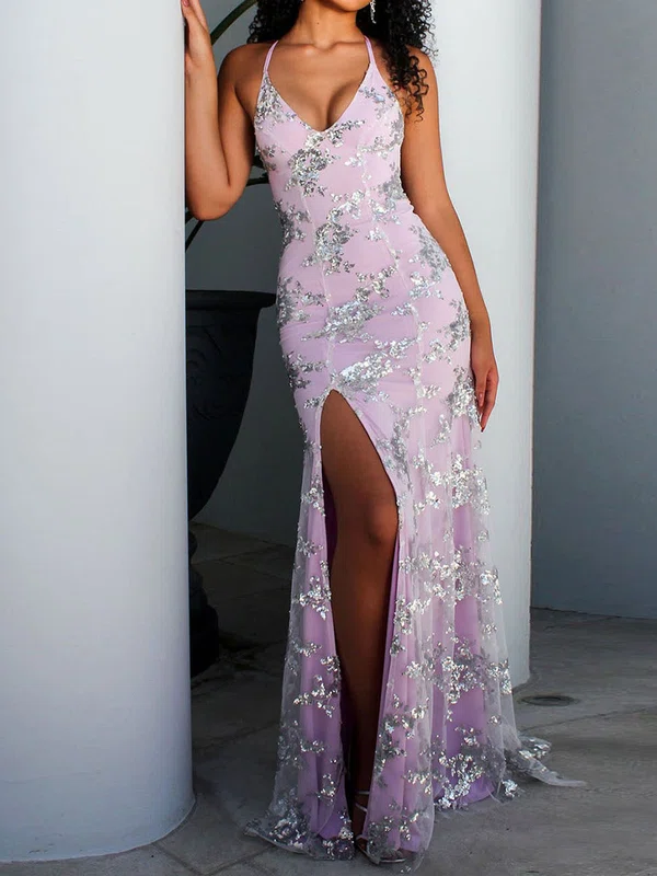 Sheath/Column V-neck Sparkly Sequin Prom Dresses #UKM020107851