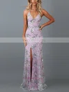 Trumpet/Mermaid V-neck Tulle Lace Sweep Train Sequins Prom Dresses #UKM020107851