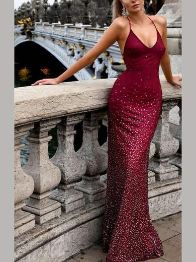 Trumpet/Mermaid V-neck Jersey Sweep Train Crystal Detailing Prom Dresses #UKM020107858