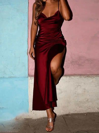 Sheath/Column Cowl Neck Ankle-length Satin Prom Dresses #UKM020107861