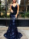 Trumpet/Mermaid V-neck Lace Tulle Sweep Train Sequins Prom Dresses #UKM020107864