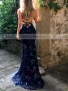 Trumpet/Mermaid V-neck Lace Tulle Sweep Train Sequins Prom Dresses #UKM020107864