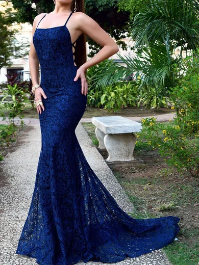 Trumpet Mermaid Square Neckline Lace Sweep Train Beading Prom Dresses MillyBridal