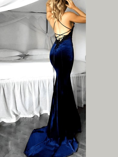 Trumpet/Mermaid Sweep Train Scoop Neck Velvet Appliques Lace Prom Dresses #UKM020107869