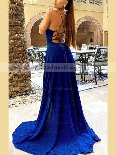 A-Line V-Neck Sweep Train Backless Royal Blue Prom Dress with Split –  Pgmdress