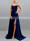 A-line Cowl Neck Glitter Sweep Train Split Front Prom Dresses #UKM020107871
