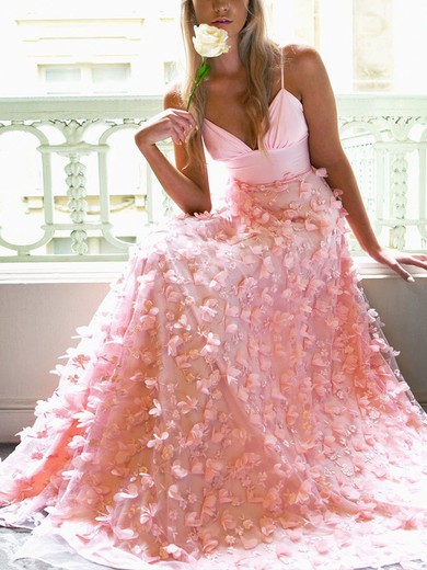 A-line Floor-length V-neck Lace Jersey Flower(s) Prom Dresses #UKM020107882