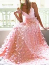 A-line Floor-length V-neck Lace Jersey Flower(s) Prom Dresses #UKM020107882