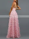 A-line V-neck Lace Sweep Train Flower(s) Prom Dresses #UKM020107882