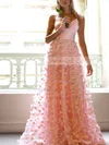 A-line V-neck Lace Sweep Train Flower(s) Prom Dresses #UKM020107882