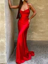 Sheath/Column Sweep Train Cowl Neck Silk-like Satin Prom Dresses #UKM020107890