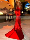 Trumpet/Mermaid V-neck Silk-like Satin Sweep Train Ruffles Prom Dresses #UKM020107891