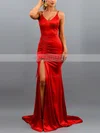 Trumpet/Mermaid V-neck Silk-like Satin Sweep Train Ruffles Prom Dresses #UKM020107891