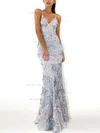 Trumpet/Mermaid V-neck Lace Sweep Train Sequins Prom Dresses #UKM020107899