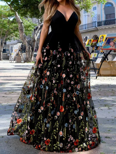 Ball Gown V-neck Lace Floral Prom Dresses #UKM020107904