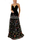 A-line V-neck Lace Sweep Train Prom Dresses #UKM020107904