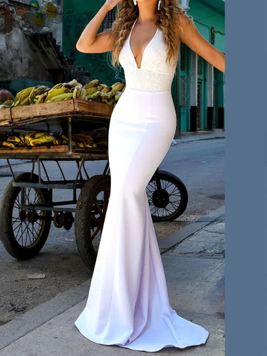 Mermaid Halter Backless Satin Prom Dresses With Appliques #UKM020107909