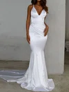 Mermaid V-neck Backless Satin Prom Dresses With Ruched #UKM020107910
