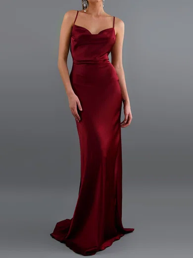 Burgundy Sheath/Column Cowl Neck Satin Prom Dresses #UKM020107917