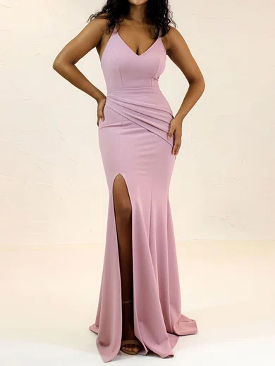 Sheath/Column V-neck Stretch Crepe Sweep Train Split Front Bridesmaid Dresses #UKM01014238