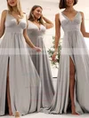 A-line V-neck Jersey Sweep Train Split Front Bridesmaid Dresses #UKM01014239