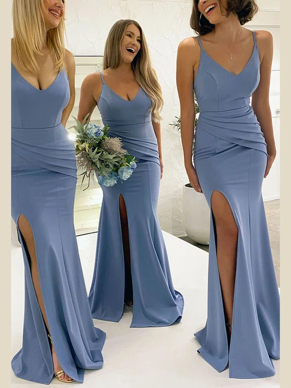 Sheath/Column V-neck Stretch Crepe Sweep Train Split Front Bridesmaid Dresses #UKM01014247