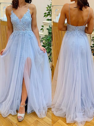 A-line V-neck Tulle Floor-length Prom Dresses With Beading #UKM020107918