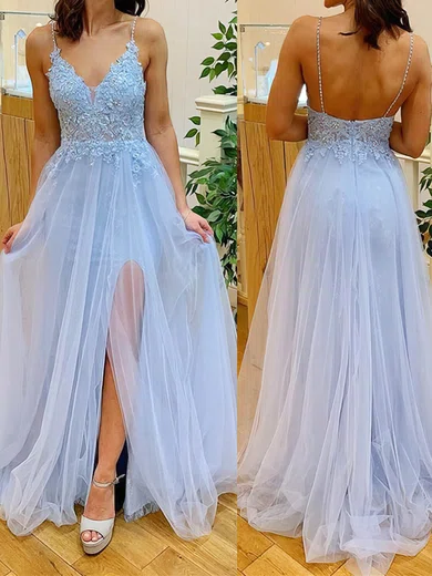 A-line V-neck Lace Tulle Sweep Train Beading Prom Dresses Sale #sale020107918