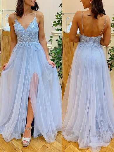 Lace Tulle V-neck A-line Sweep Train Beading Prom Dresses #UKM020107918