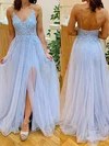 A-line Floor-length V-neck Tulle Beading Prom Dresses #UKM020107918