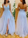 A-line Floor-length V-neck Tulle Beading Prom Dresses #UKM020107918